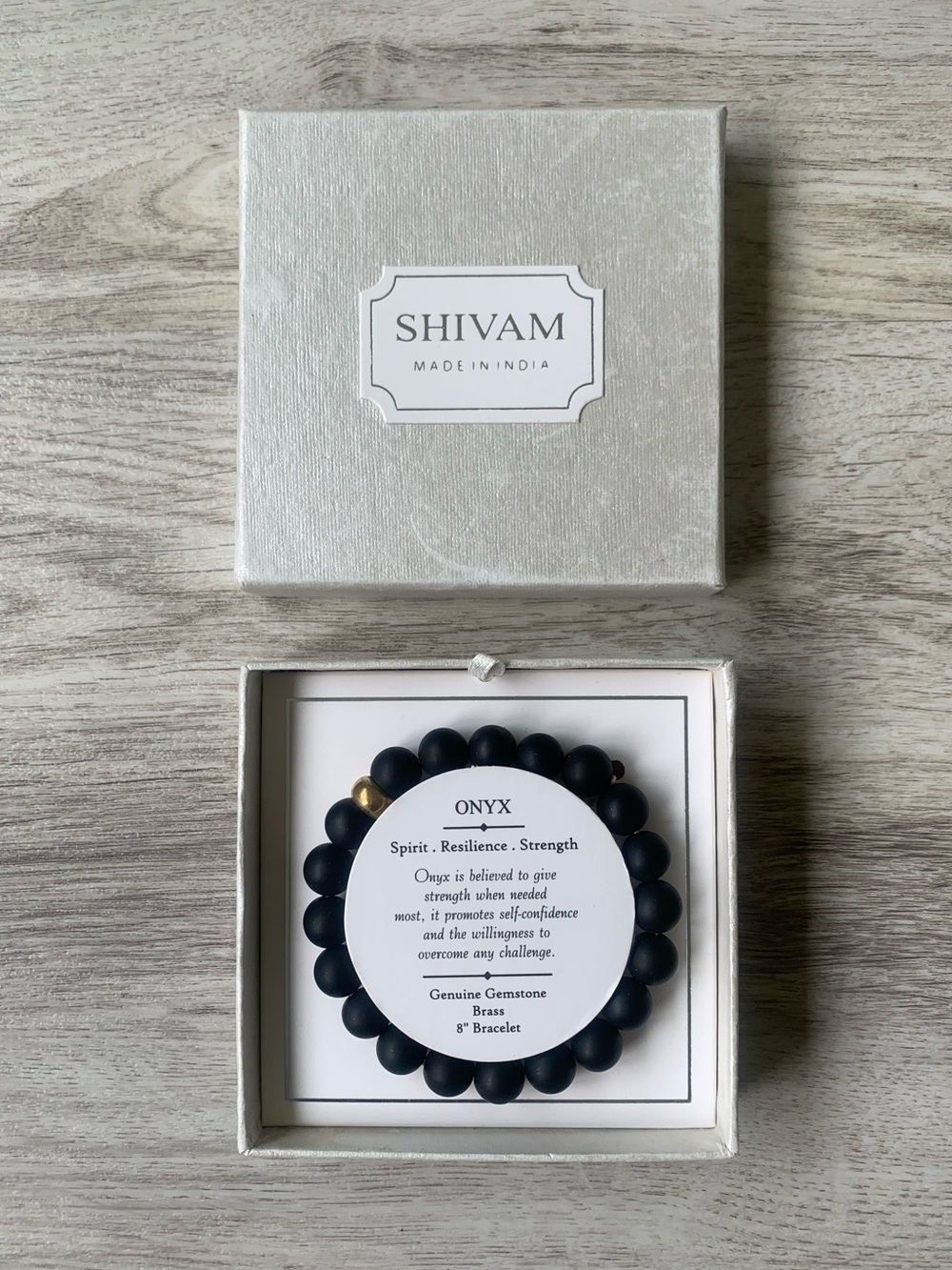 NIB Shivam 8" Genuine Gemstone Black Onyx Beaded Bracelet with brass bead